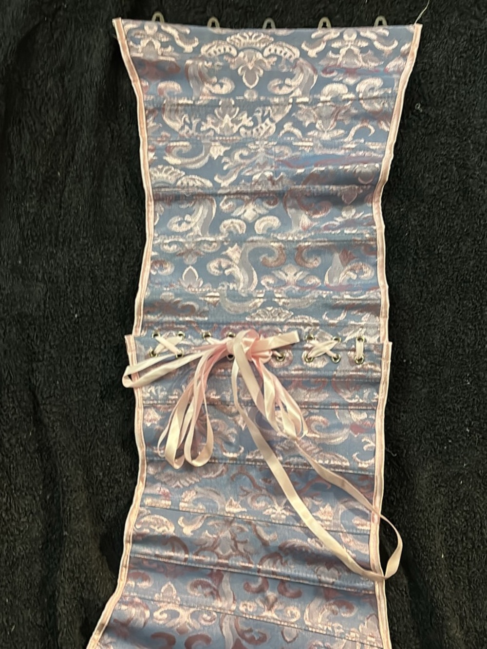 Blue and Pink Brocade Ribbon Lace-Up Jewelry Roll